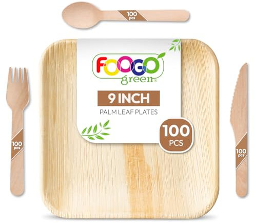 FOOGO Green 400pcs Disposable Palm Leaf Plates and Wooden Cutlery Set, FSC® Certified, 100x Large Square Plates, 100xForks, 100xKnives, 100xSpoons, Eco Friendly Biodegradable, Party