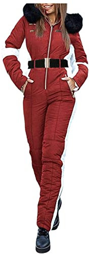 MJGkhiy Combinaison de ski pour femme, Coupe-vent, Décontractée, Hiver, Avec capuche, Chaud, Veste en peluche épaisse, Combinaison de neige une pièce, rouge, M