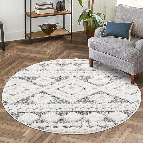 carpet city Teppich Hochflor Wohnzimmer - 120x120 cm Rund - Landhaus-Stil Ethno Grau Creme - Cut-Loop, Hochtief, 3D-Effekt - Shaggy Teppiche Flauschig-Weich Schlafzimmer Langflor