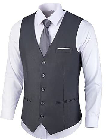 Bakerbear Herren-Anzugweste, V-Ausschnitt, lässiges Kleid für Herren, formelle Smoking, Hochzeit, Weste, Herrenweste, Dunkelgrau (doppelte Jett-Tasche), Large