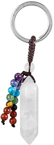 KYEYGWO Bergkristall Heilstein Punkt Schlüsselanhänger für Damen und Herren, 7 Chakra Kristall Sechseckiger Schlüsselring Deko Reiki Pendel Taschenanhänger Edelstein Hexagon Anhänger