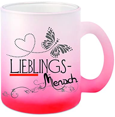 Glas-Tasse weiß/rot Lieblingsmensch Kaffeetasse, Teetasse, Glühweintasse, Glas satiniert mit Farbverlauf