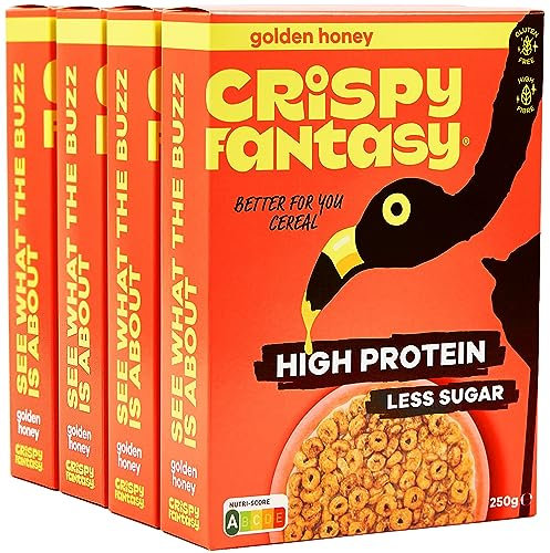 Crispy Fantasy Protein Cerealien, Honig, Glutenfrei, Vegan, Wenig Zucker, Ballaststoffreich, Pflanzlich, Gesundes Frühstück für Kinder, Erwachsene, 8 g Protein pro Portion, 4 Schachteln