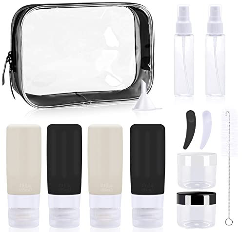 13 Stück Silikon Reiseflaschen Set, Schwarz und weiß Reiseflaschen zum BefüLlen, TSA Approved Leak Proof Reiseflaschenset, Reiseflasche für Shampoo, Lotion, Spülung, Duschgel, Körperpflege