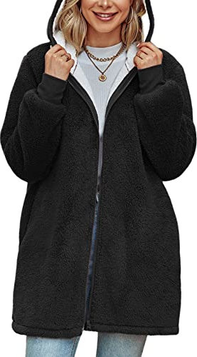 Xnova Cappotto da Donna in Pile Felpa Cerniera con Cappuccio, Morbido Capispalla Oversize Lungo con Tasche, Giacche Hoodie Caldo Antivento Cappotti Felpe Peloso Invernale (Nero, M)