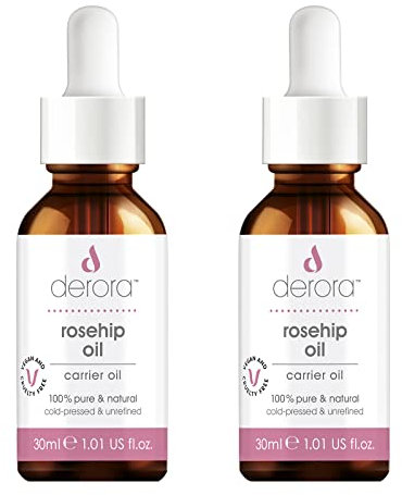Derora Huile de rose musquée | Nourrit la peau, les cheveux et les ongles | Anti-âge | 100% pur et naturel | Pressé à froid et non raffiné | Riche en antioxydants et vitamines A, C et E (30ml x2)