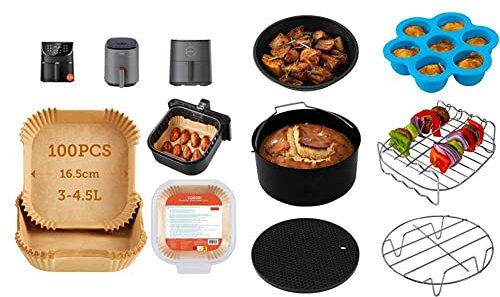 COSORI Papel Horno para Freidora sin Aceite, 100 Piezas Papel Horno Cuadrado de Desechable + COSORI Accesorios para Freidora sin aceite 3.5L, Molde para respostería