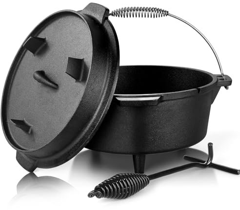 Leonyo Gusseisen Dutch Oven mit Deckel, 5QT Dutch Oven Camping mit Deckelheber, 2 in 1 Gusseisen Topf mit Deckelgriff, Vorgebrannter Dutch Oven Topf für Camping BBQ, Brot Backen