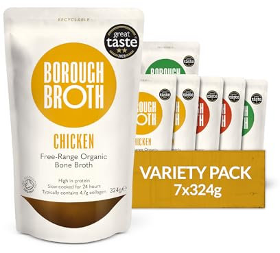 Organic Bone Broth Variety Pack by Borough Broth - Beef, Chicken & Lamb Broth - High Protein & Collagen, Low Carb, Gluten-Free & Keto - Chilled Bone Broth For Soups, Stews & Sauces - 7 x 324g