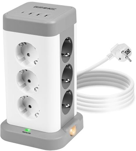 Duronic ET12C Tour Multiprise avec 3 Ports USB-A et 1 Port USB-C 12 Prises 3680W 13A Multiprise avec parasurtenseur Protection Contre Les surtensions Câble de 1,8 m
