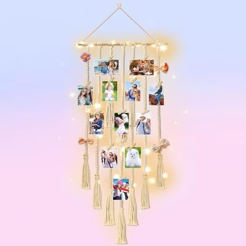 Eletorot Teenager Mädchen Geschenke Fotowand Zimmer Deko Hängende Bilderrahmen Collage, Bilderwand mit 30 Holzclips 3m Foto Lichterkette, Bohemian Wanddeko für Schlafzimmer Kinderzimmer Hochzeit
