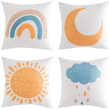 MAIGO 4PCs Rainbow Cushions Set - Boho Cushion Covers, Rainbow Bedroom Pillow Accessories for Girls Kids Adults, Cute Sun And Moon Home Pillows Decorative, Children Playroom Nursery Decor