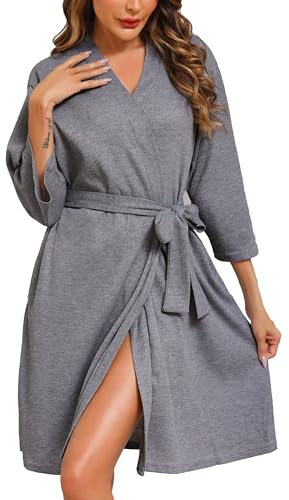 Lovasy Waffle Dressing Gowns for Women UK Lightweight Spa & Bath Robes for Women Ladies Kimono Dressing Gowns Women's Knee Length Robes Women's Waffle Hotel Robe with Pockets,Grey,XL
