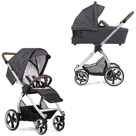 Gesslein Kinderwagen FX4 Swing mit Babywanne Panorama Lyx (Kinderwagen 3 in 1 mit Liege- und Sitzoption, inkl. Sportwagenaufsatz, individuell einstellbar, hoher Komfort, geringes Packmaß), Anthrazit