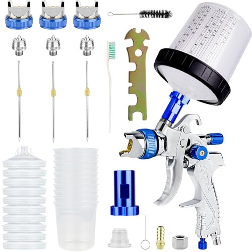 POFIBO HVLP pistola pintura compresor, pistola de pintura profesional con 3 boquillas(1,4 mm, 1,7 mm, 2,0 mm), contenedor de 600 ml de plástico y 10 copa interior para pintar coches, paredes y muebles