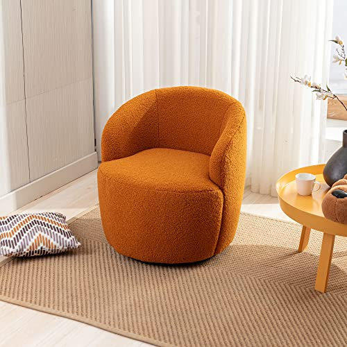 EASTALOLO Sessel Wohnzimmer Teddy Stoff Drehsessel mit schwarzem Metallring, bequemer Lesesessel, Lounge Sessel und Armlehnstuhl Drehbar für Schlafzimmer, Sessel & Stühle (Orange)
