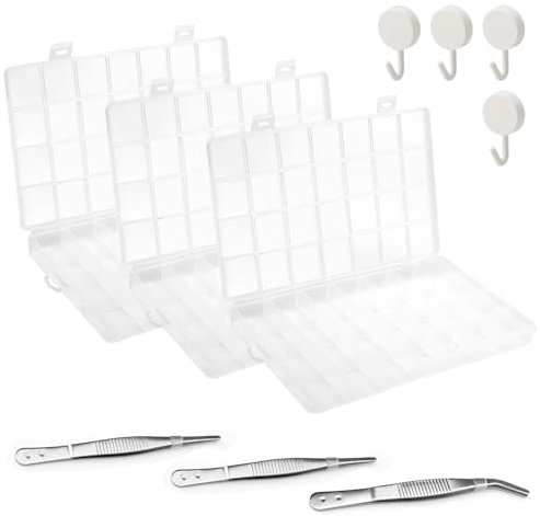 DAWRIS 3 Pcs 28 Grids Small Compartment Craft Case Plastic Organizer Storage Box Container, Clear Small Parts Organiser with 2 Tweezers and 4 Hooks for Beads, Art DIY, Crafts, Jewelry, Sewing, Screws