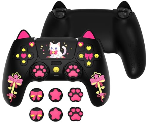 PlayVital Cute Silikonhülle für PS5 Controller, Anti-Rutsch Schutzhülle | Case Cover Skin Zubehör, kompatibel mit PS5-Ladestation, 6 Daumengriffkappen & 6 Aufkleber, Sweetheart Kitty, Schwarz
