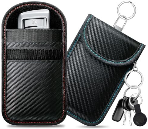 caslord Keyless Go Schutz Autoschlüssel, 2 Stück Klein Faraday Taschen Kohlefaser Leder, Keyless Go Schutzhülle RFID Blocker Schlüsseletui- Rot+Blau