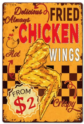 SUPERDANT Blechschild Gebratenen Chiken Wings Blechschilder Chiken Metallschild Vintage Landhauskunst Lebensmittel Schlafzimmerdekor Metallschilder Für Küche Esszimmer Bar Metallplakette Poster