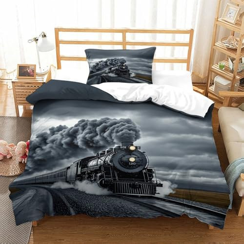 LILIlaobiao 135x200cm Dampf Zug Motive Bettbezug, Choochoo Bettwäsche Single Reißverschluss Bed Set Mit Kissenbezüge: 80 X 80cm, bettwÃsche Zug lokomotive Kinder