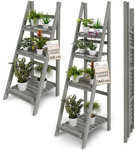 TTL HOME Blumenleiter Flower Ladder M+L Set grau - 2er Set 108 & 160 cm Massiv Holz Blumentreppe Blumenregal Pflanzentreppe Leiterregal für Balkon Terrasse draußen outdoor Pflanzenregal klappbar