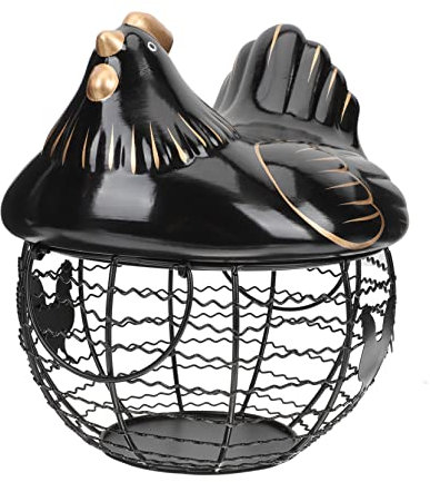 FUNNETOYU Large Capacity Metal Egg Basket Hen Shape with Lid Black Metal Mesh Wire Storage Basket for Kitchen Countertop and Moving to A New Home