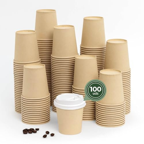 Maxi Products - 100 Vasos Cartón Kraft + Tapa Blanca - 200 cc (7 oz) - Vasos Desechables para Café para Llevar - Reciclables - Apto Alimentos Calientes - TAKE AWAY