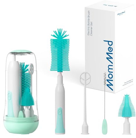 MOMMED électrique goupillons pour biberons kit, électrique brosse à biberon rotative à 360°, brosse à biberon ensemble comprenant silicone biberon/sucette/paille et bâton mélangeur, Rechargeable, Vert