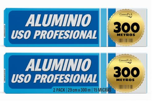 GreenFyA Pack 2 Rollos Aluminio Profesional 29cm x 2KG por Rollo | 15 Micras | Uso Industrial Hostelería Cocina Horno Parrilla Catering | Con Sierra de Carton en la Propia Caja.