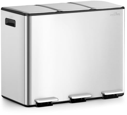 mVm Cubo de Basura Cocina, 3 Compartimentos 3 x 15L Papelera de Cocina de Acero Inoxidable con Pedales, Cubo Reciclaje 3 Compartimentos, Cierre Suave, para Cocina, Salón, Plata