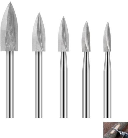 5 PCS Wood Carving Bits, Rotary Tool Wood Carving Bits Set with 1/8” Shank Compatible With Dremel, High-Speed Steel for Grinding, Engraving, Drilling, Woodworking, Includes 3mm-8mm Bit for Crafting