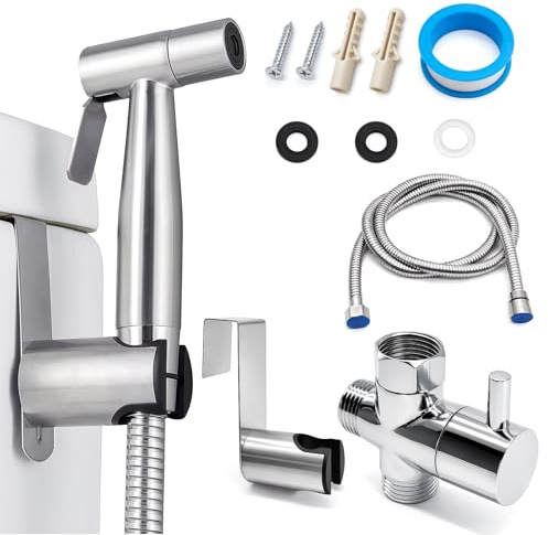 Fofuo Handheld Bidet Sprayer Kit Stainless Steel Adjustable Toilet Sprayer | Douche Muslim Shower Spray Jet with 1.5m Hose T-Adapter Attachment for Toilet Bathroom Cleaning Personal Hygiene Pet Bath