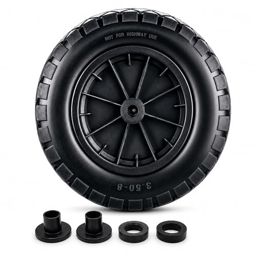 Keplin 14 Inch Wheelbarrow Wheel – Solid Rubber Tyre Replacement 3.50-8, Heavy Duty Puncture Proof Flat Free Barrow Wheel with Steel Centre Hub for Garden Cart Trolley Use, Black