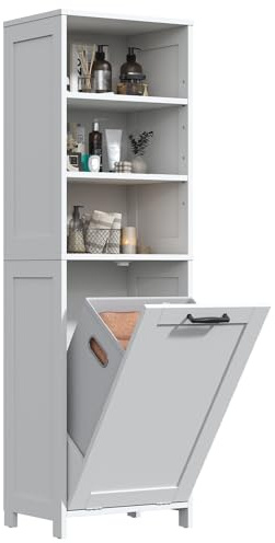GoaHi Bathroom Storage Cabinet, Slim Bathroom Storage Unit with Removable Laundry Basket, Freestanding Bathroom Floor Cabinets, Adjustable Shelves, Modern Farmhouse