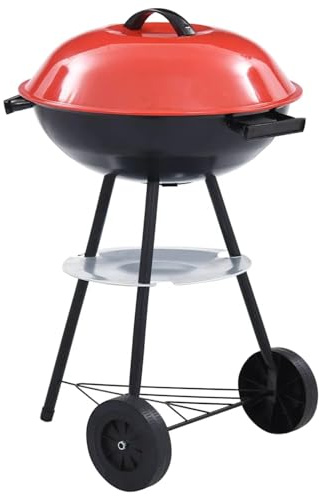 Kugelgrill 44cm XXL Holzkohlegrill mit Deckel & Rädern, Tragbarer BBQ Grill mit Lüftungsschieber & Aschelade, Mobiler Campinggrill mit Ablagefach, Schwarz-Rot