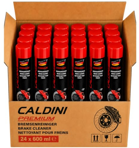 Caldini Bremsenreiniger 24 x 600 ml, acetonfreier Teilereiniger und Entfetter in Spraydose, entfernt Öl, Fett und Schmutz von Bremsen und Kupplungsteilen, Schnell & Rückstandsfrei, Made in Germany