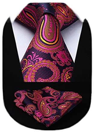 HISDERN Cravate pour Homme Rose Rouge à Motif Cachemire Mariage Élégant Cravates Extra Longues Hommes et Pochette de Costume, XL