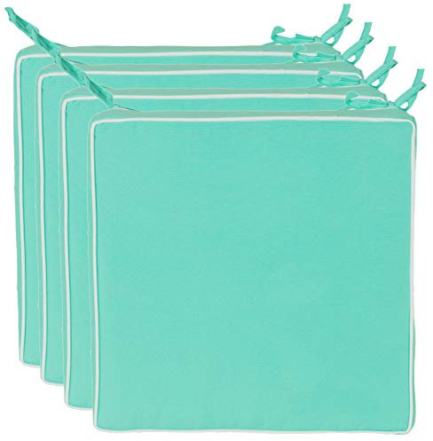 Brandsseller 4er Set Sitzkissen 40x40x4 cm – Wasser- & schmutzabweisende Stuhlkissen mit Bindebändern & Paspel – Für Innen & Außen – Garten, Terrasse, Küche – Türkis