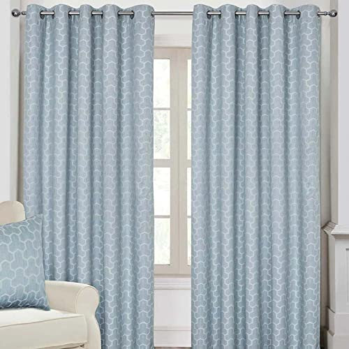 HOMESCAPES Blue Geometric Blackout Curtains Pair Width 117cm (46) x 137cm (54) Drop Genuine 3 Pass Blackout Lining Heavy Weight Jacquard Eyelet Curtain