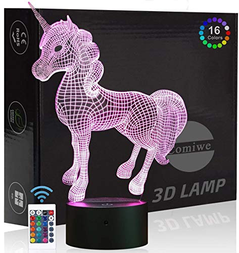 Comiwe Einhorn (D) 3D Illusion Nachtlicht Spielzeug,Dekoration LED Nachttischlampe 16 Farben Ändern mit Fernbedienung,Weihnachten Deko Lampe Geburtstagsgeschenk Für Mädchen Jungen Kinder und Freunde