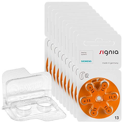 60x Signia Gr. 13 Hörgerätebatterien, 10x6er Blister PR48 Orange 24606 + EWANTO Aufbewahrungsbox f. 2 Batterien (10, 13, 312, 675), transparente Batteriebox für Knopfzellen < Ø 12 mm x H 6 mm