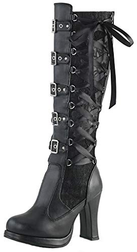 SoonerQuicker Botas altas hasta la rodilla para mujer, tacón alto, botas de plataforma de tacón de bloque, botas de cuero con cordones, steampunk, gótico, vintage, cosplay, Black, 39.5 EU