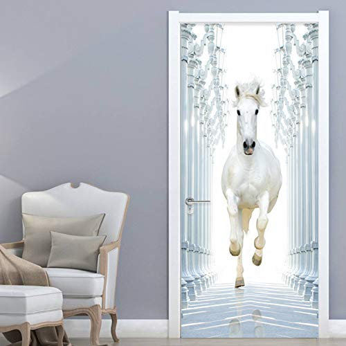 YIER Life™ Autocollant de Porte 3D Affiches Papier Peint Murale Décalcomanies Cheval Chevalier Blanc Animal Stickers Porte Poster Papier Peint Affiche Salon Chambre Art Décoration De La mais 77X200CM