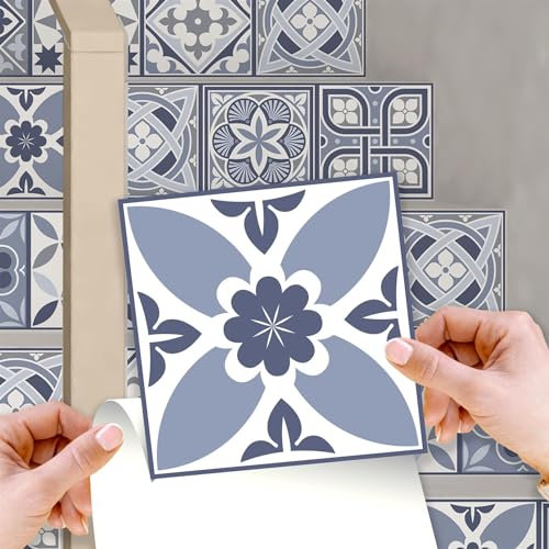 WALPLUS 96 Stück 15x15cm Lissabon-Blau Weiß Blau Wandfliesen Aufkleber Schälen und Kleben Backsplash Abziehbilder Startseite Dekore Aufkantung für Küche Badezimmer Kacheln Farbe auf Wand Wohnen Zimmer