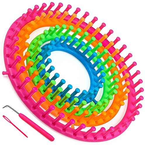 Coopay Rund Strick Webstühle Set, 4 Stück Strickrahmen mit Häkelnadel und Nadel, Runde Kunststoff Strickringe für Socken Mützen Schals Pullis, Klassischen Strickset Strickliesel 2,0