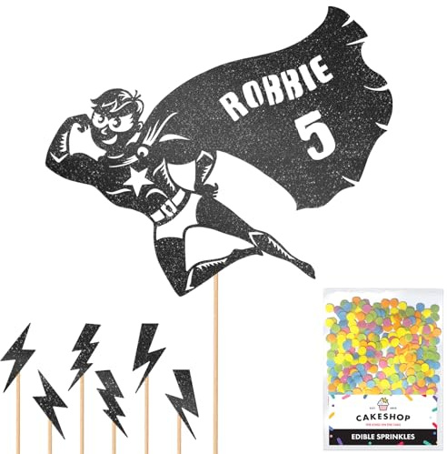Personalised Superhero Comic Glitter Cake Topper- Black Any Custom Age & Name Glitter Cake Decoration and Sprinkles - Happy Birthday Decorations - Personalised Toppers for Cakes by Cakeshop