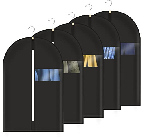 Esyhomi Lot de 5 housses de vêtements résistantes à la poussière, avec fenêtre transparente, imperméables, sacs de protection pour armoire, sacs de voyage, costumes, vestes, robes 60x100 cm (Noir)