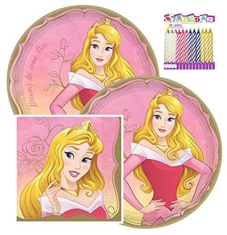 Amscan Disney Princess Aurora Party Supplies Pack Serves 16: 9 Plates and Lunch Napkins with LLILYKAI Birthday Candles (Bundle for 16)
