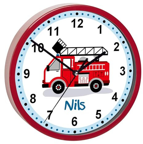 CreaDesign, Wanduhr Kinder personalisiert mit Name, Motiv Feuerwehr Drehleiter, Rahmen Wanduhr rot, Ø 19,5 cm
